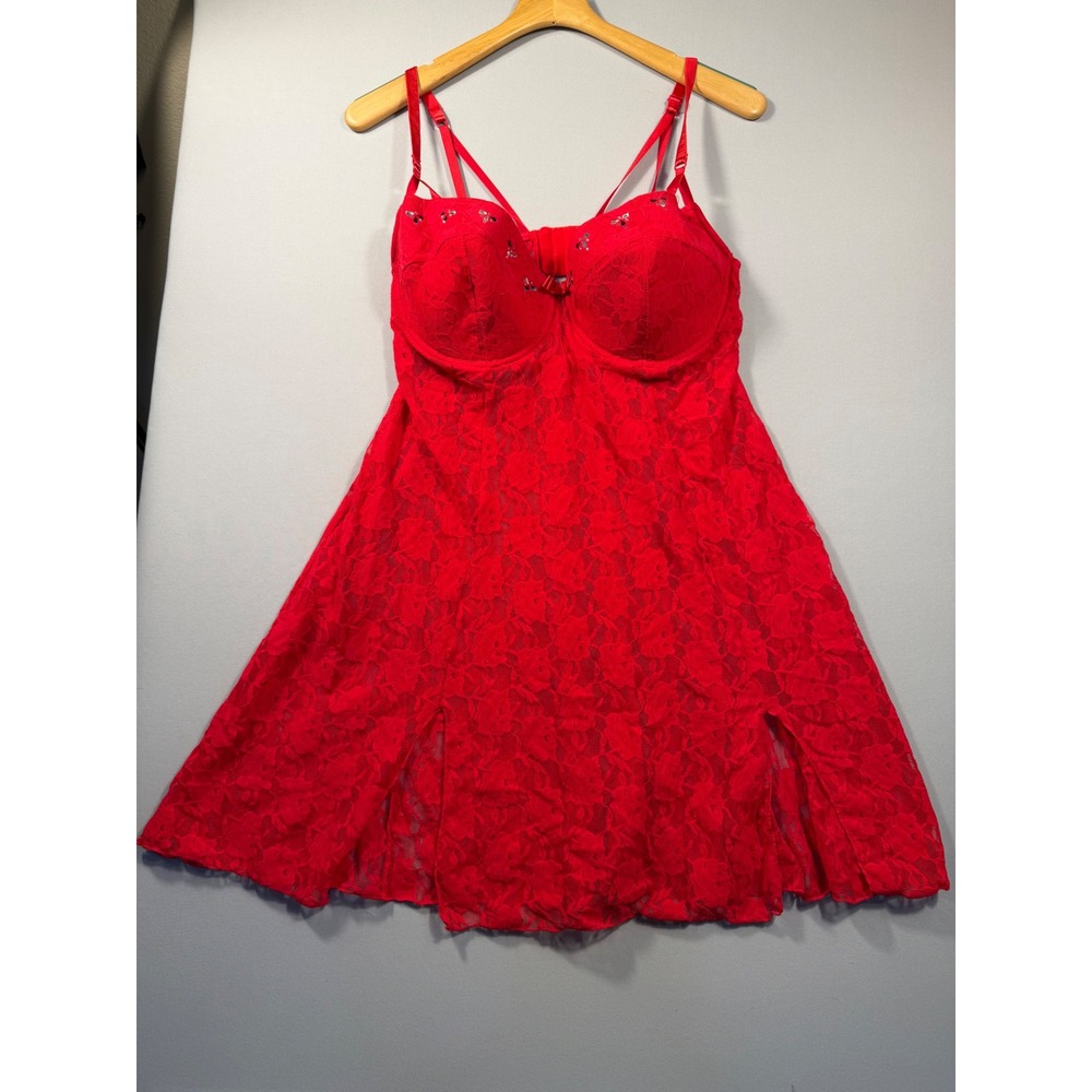 Red Floral Lace Underwire Babydoll Chemise with Rhinestone Accents